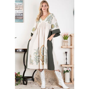 Blue Velvet Boutique Deep V Neck Embroidered Linen/Cotton Dress in Taupe/Olive S